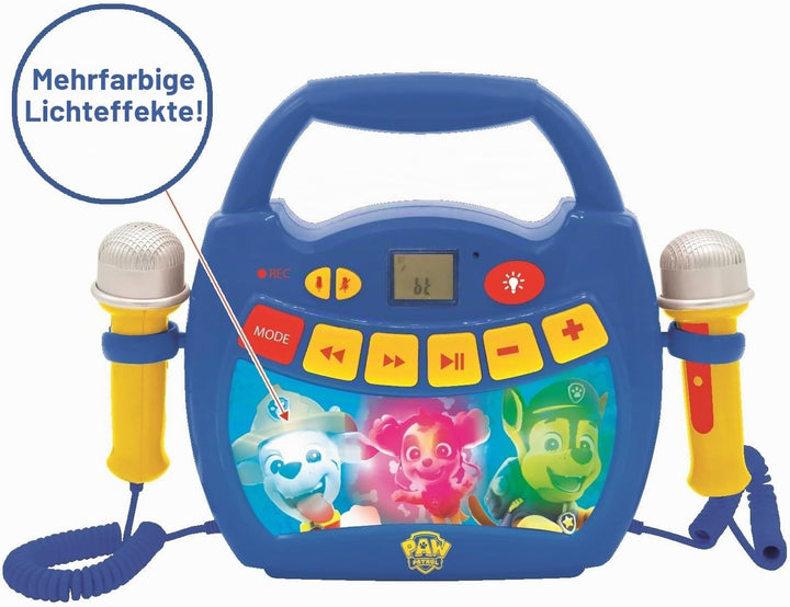 Lexibook - Paw Patrol - Tragbarer digitaler Karaoke-Player für Kinder - Mikrofone, Lichteffekte, Blu