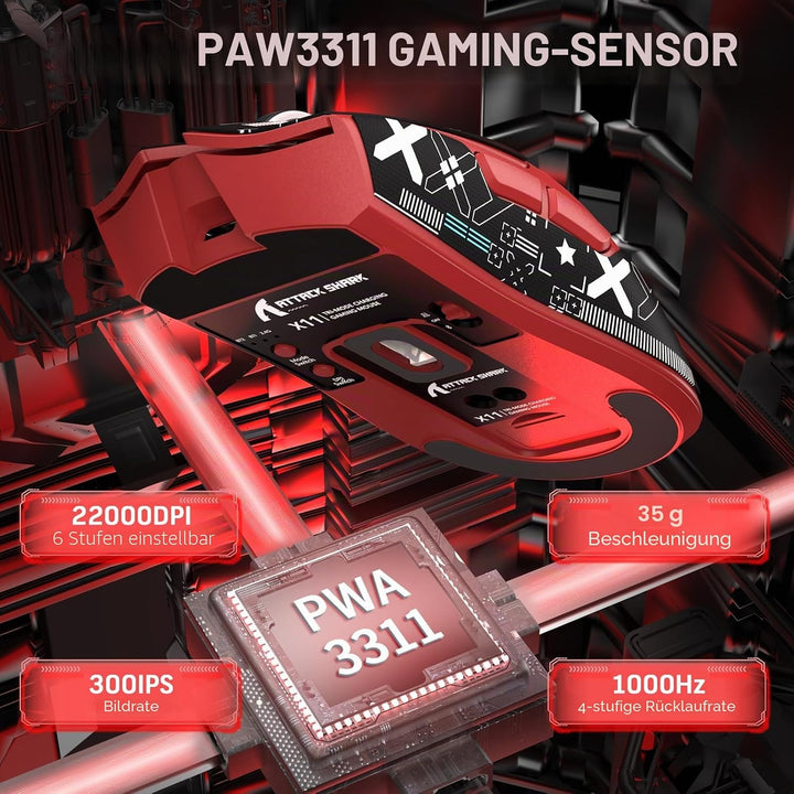 LexonElec x Attack Shark X11 Kabellose Gaming-Maus mit RGB Magnetische Ladestation, PixArt PAW3311-S