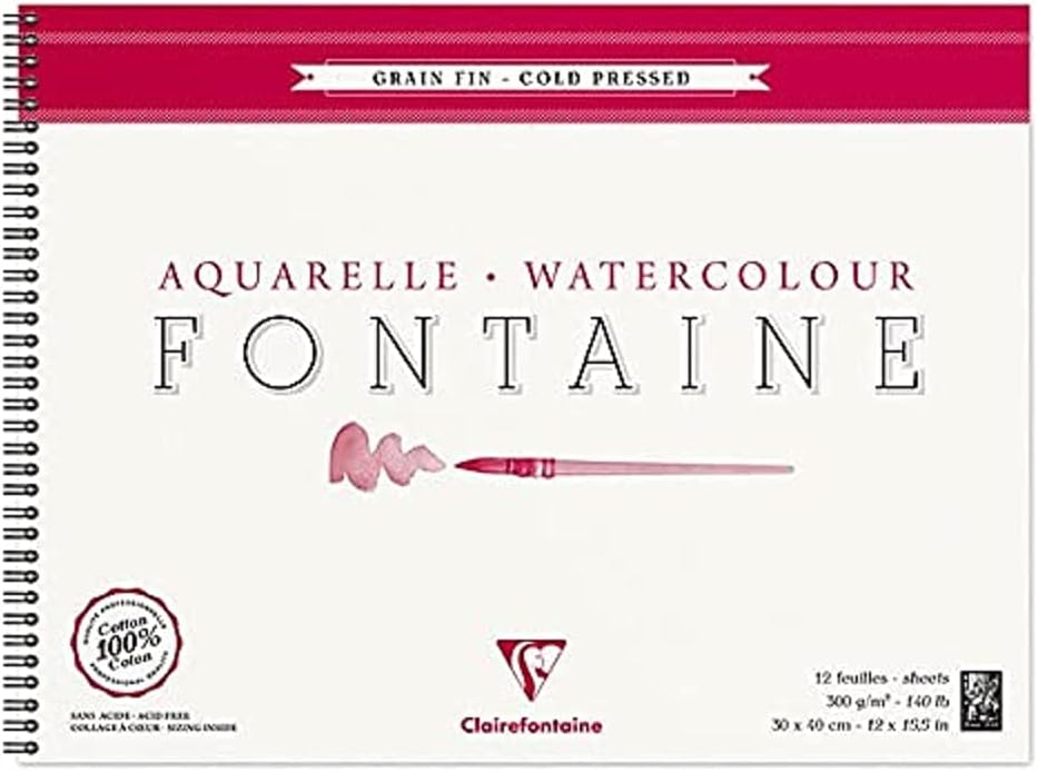 Clairefontaine 96315C Malblock, mit Doppelspirale Aquarellpapier Feinkörnig, Fontaine/Hadern, 30 x 4