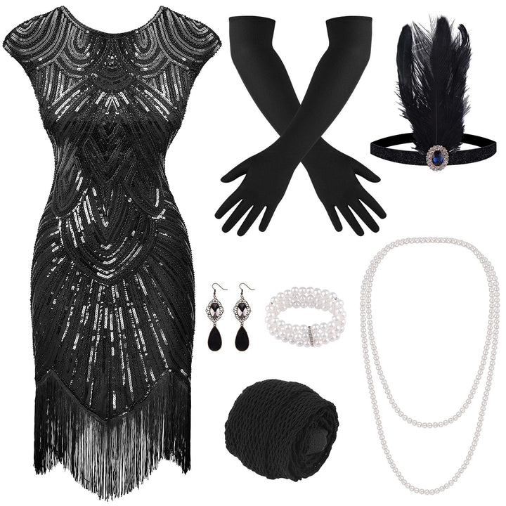 PLULON 1920er-Jahre-Flapperkleid mit Pailletten, Perlen und Fransen, Set mit 20er-Jahre-Accessoires