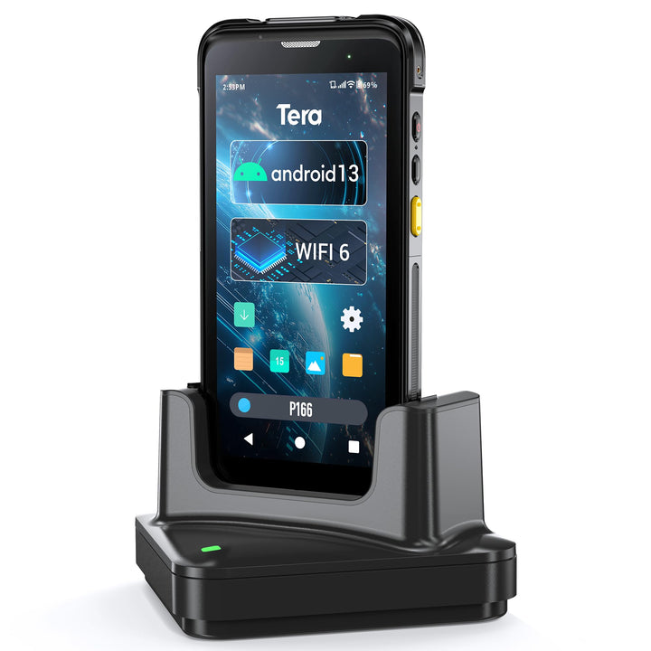 Tera Android 13 Barcode Scanner PDA: 5,5" Handheld Mobiler Computer 4GB+64GB mit Ladestation 1D 2D Q