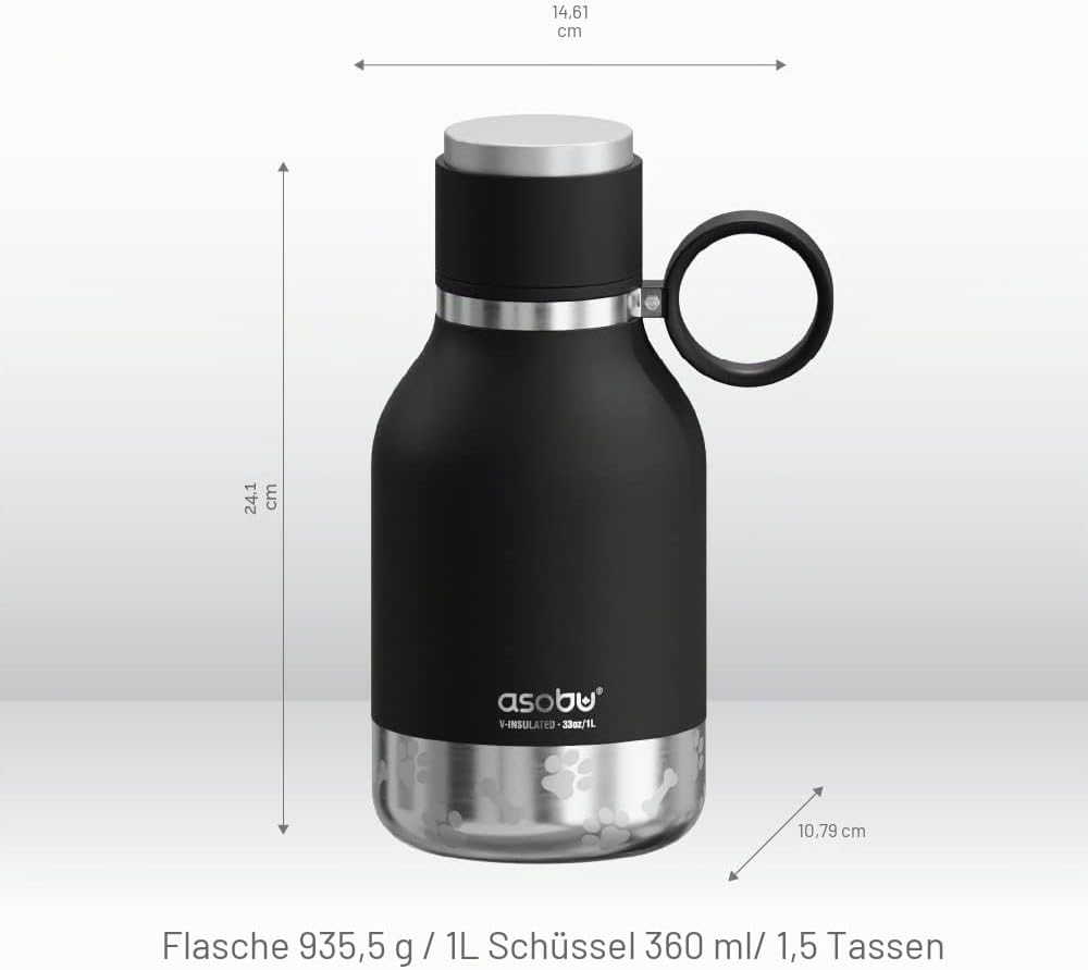 Asobu Hundenapf für Haustiere, mit isolierter Edelstahl-Reiseflasche, 945 ml, Schwarz, 1 Count (Pack