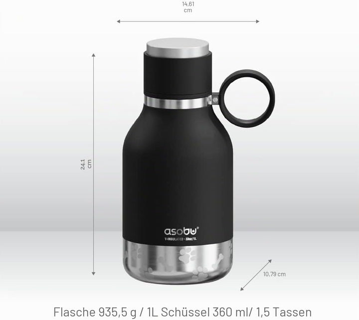 Asobu Hundenapf für Haustiere, mit isolierter Edelstahl-Reiseflasche, 945 ml, Schwarz, 1 Count (Pack