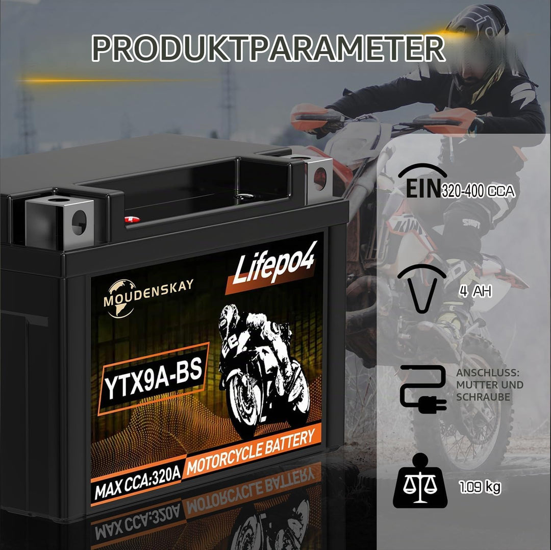 Lithium MotorradBatterie 12V Lithium Powersports Batterie mit BMS(YTX9A-BS 12.8V 4Ah 320CCA) LiFePO4