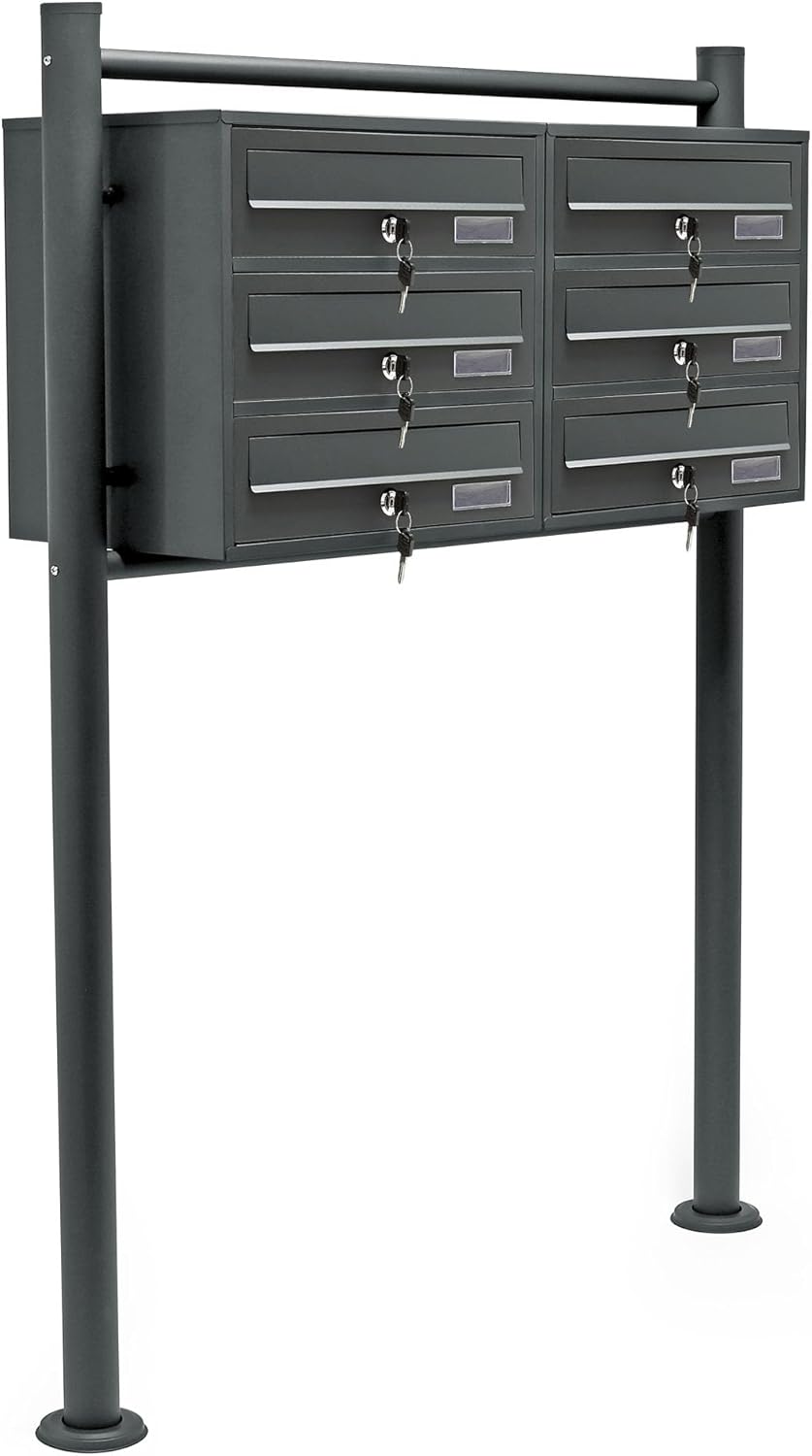Wiltec 6er Briefkastenanlage Anthrazit 898 x 270 x 1150 mm, Standbriefkasten mit 2x3 Fächern, Schlüs