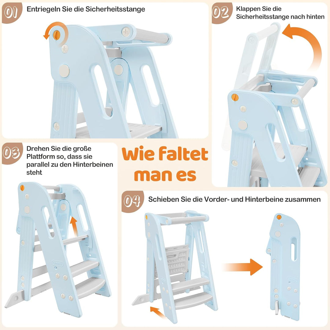 Onasti Lernturm für Kinder, Klappbar, Höhenverstellbar, Lernturm ab 1 Jahr mit Kippschutz &amp; Anti-Rut