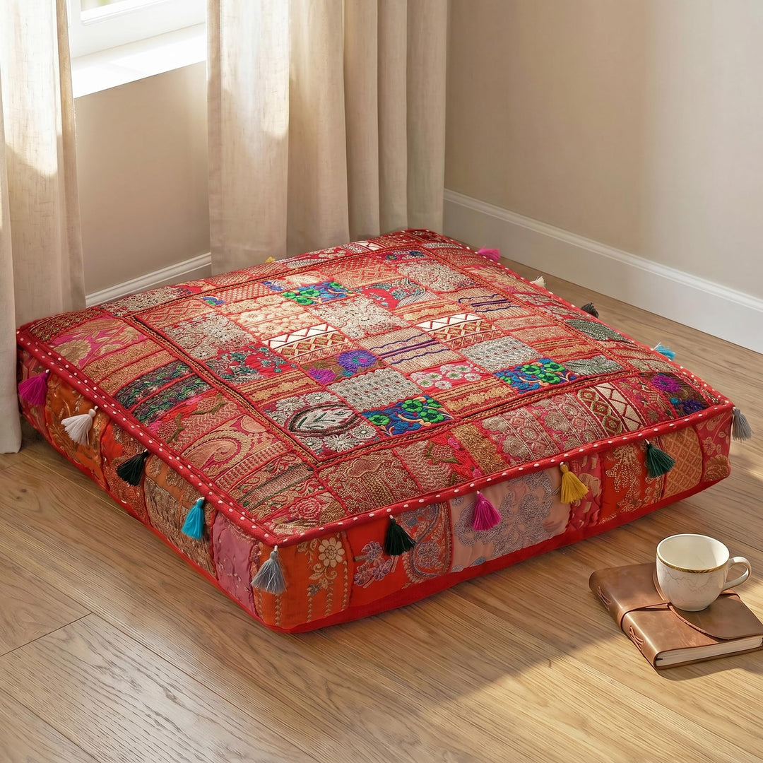 THE ART BOX Baumwolle Patchwork Vintage Boho Bestickt Bodenkissen & Kissenbezug Hund Pouf Sitzpouf M