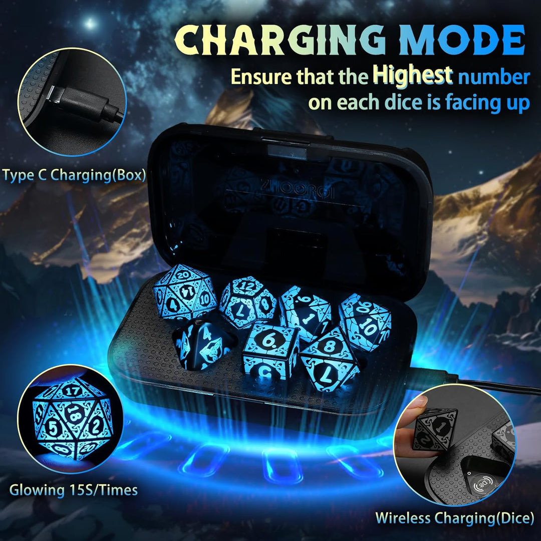 ZHOORQI DND Würfel Set, 7 Pcs LED Dice Wiederaufladbar mit Ladebox, Dungeons and Dragons Würfelset P