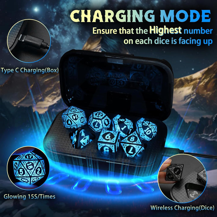 ZHOORQI DND Würfel Set, 7 Pcs LED Dice Wiederaufladbar mit Ladebox, Dungeons and Dragons Würfelset P