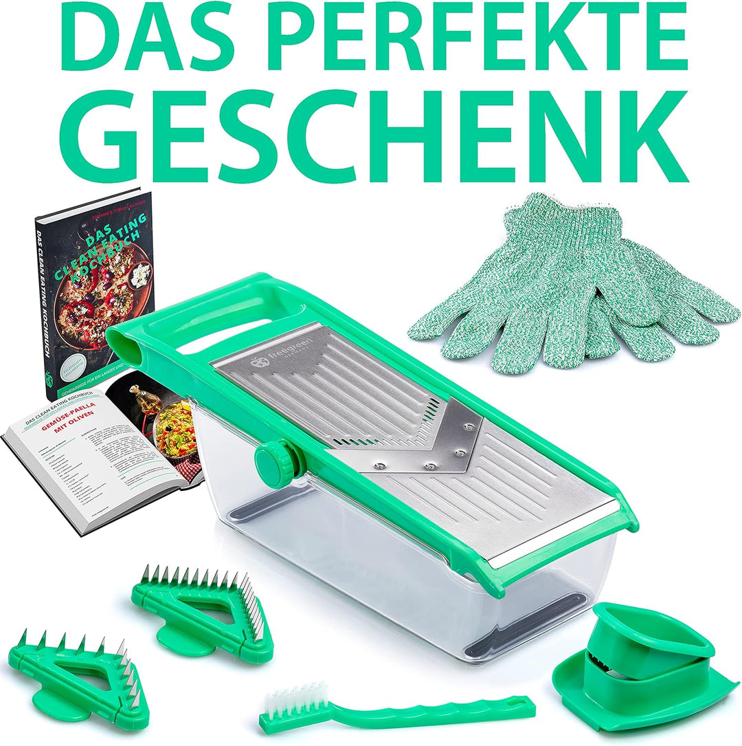 freegreen® GERMANY Obst- & Gemüsehobel aus Edelstahl mit V-Klinge & Auffangbehälter I Inklusive Gemü