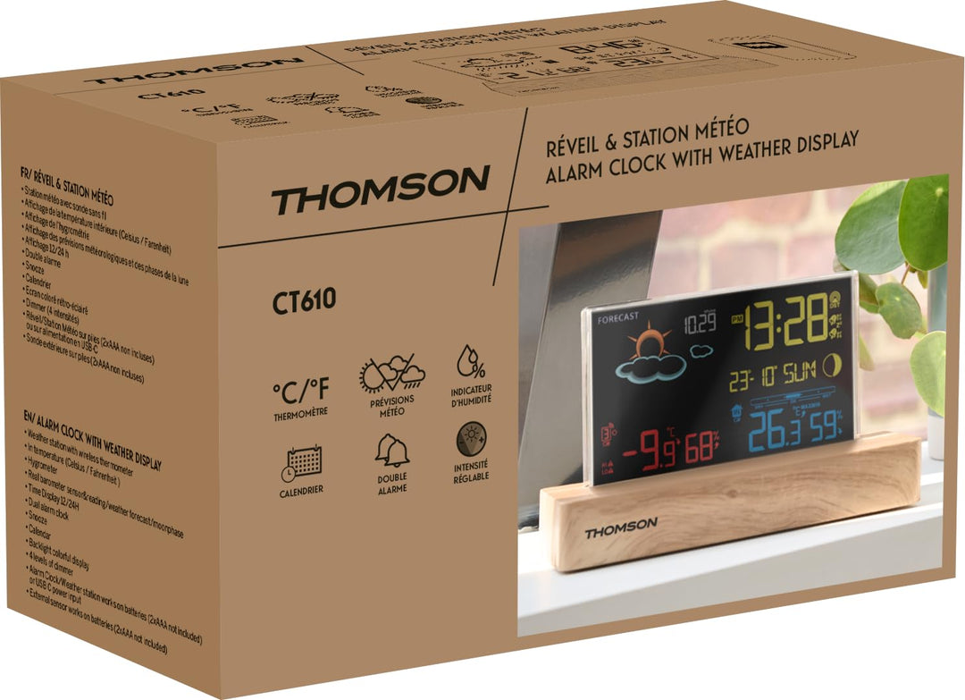Thomson Wecker Wetterstation schwarz Holzsockel