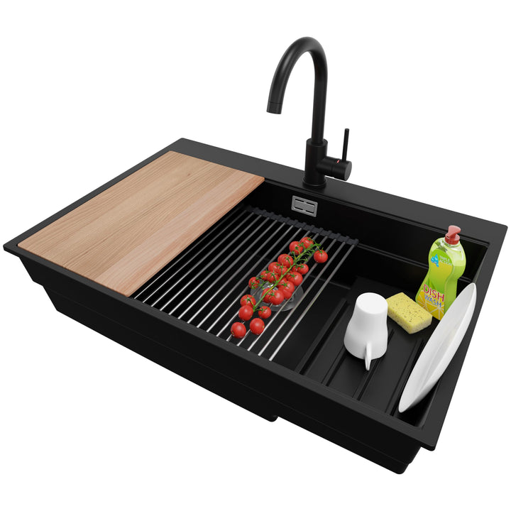 Spülbecken Schwarz 78x53 cm, Granitspüle 1 Becken + Ablauf-Set + Küchenarmatur, Küchenspüle ab 80er