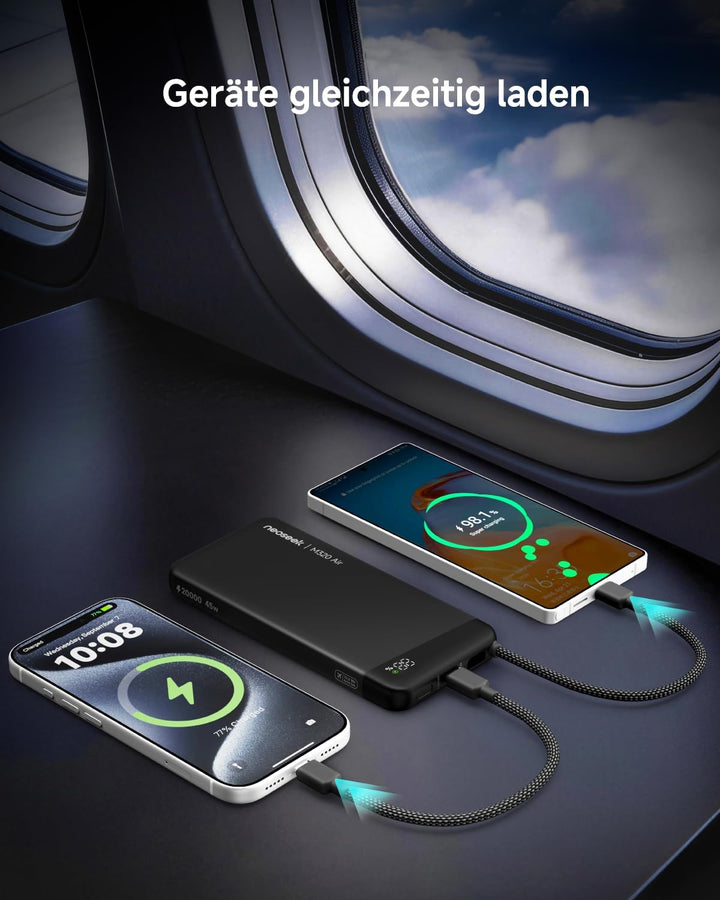 Power Bank, 20000mAh 45W Schnellladen mit Integriertem USB-C Kabel, Externe Handyakkus Kompatibel mi