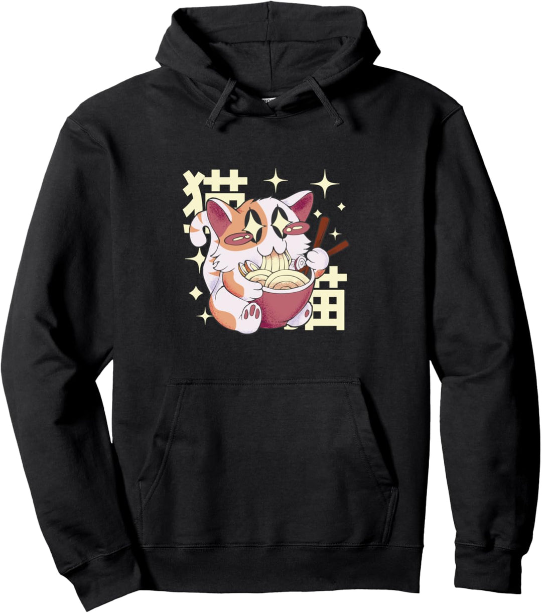 Niedliche Kawaii-Katze fressen Ramen japanische Grafik Pullover Hoodie