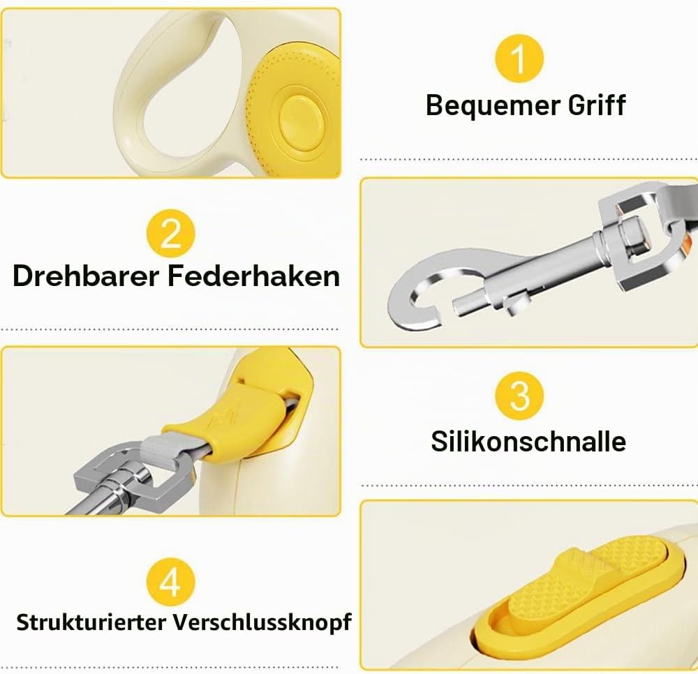 Einziehbare Hundeleine, 5m, Robuste Hundeleine aus Nylon mit LED-Licht, 360° Verwicklungssicher, Aus