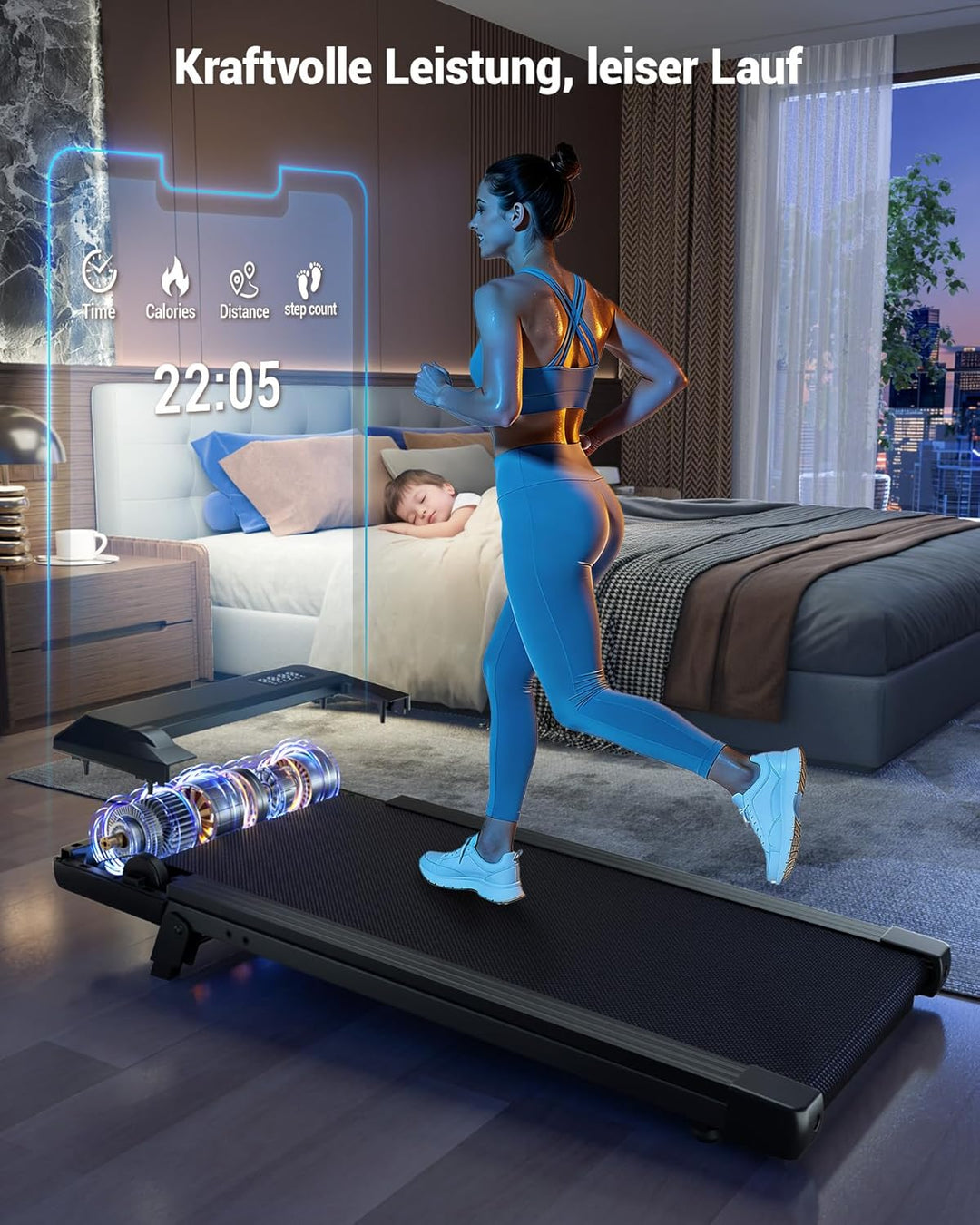 DeerRun Walking Pad mit 6% Steigung, Laufband für Zuhause und Home Office mit App, LED Anzeige und F