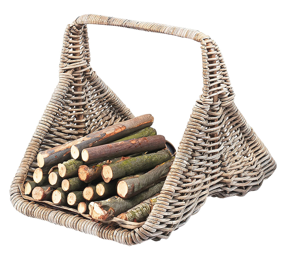 Kobolo Holztrage Holzkorb für Kaminholz - Rattan kubu grey - mit Leinenstoff und Henkel ausgestattet
