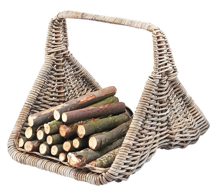 Kobolo Holztrage Holzkorb für Kaminholz - Rattan kubu grey - mit Leinenstoff und Henkel ausgestattet