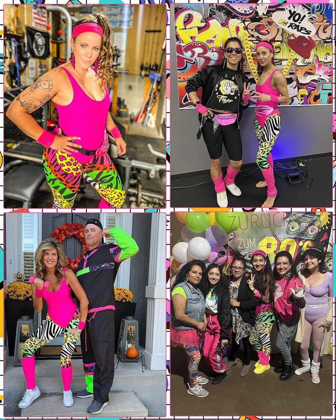 BIQIQI 80er Jahre Outfit Damen Set Retro Trainingsanzug Kostüm 80s 90s Kleidung Kostüm Accessoires C