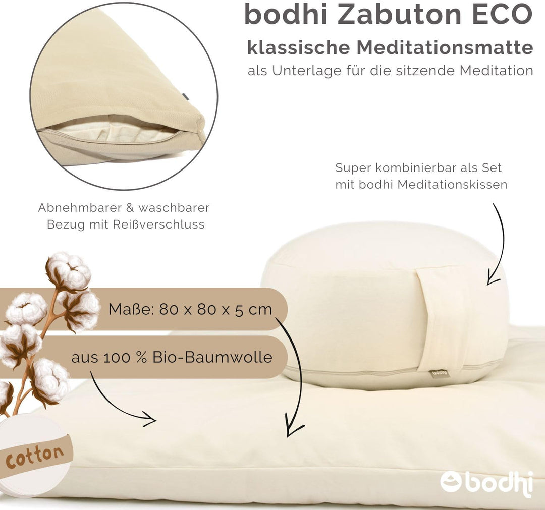Bodhi Meditationsmatte ZABUTON | ECO Serie | Klassische Yoga Matte mit abnehmbarem Bezug aus 100% Bi