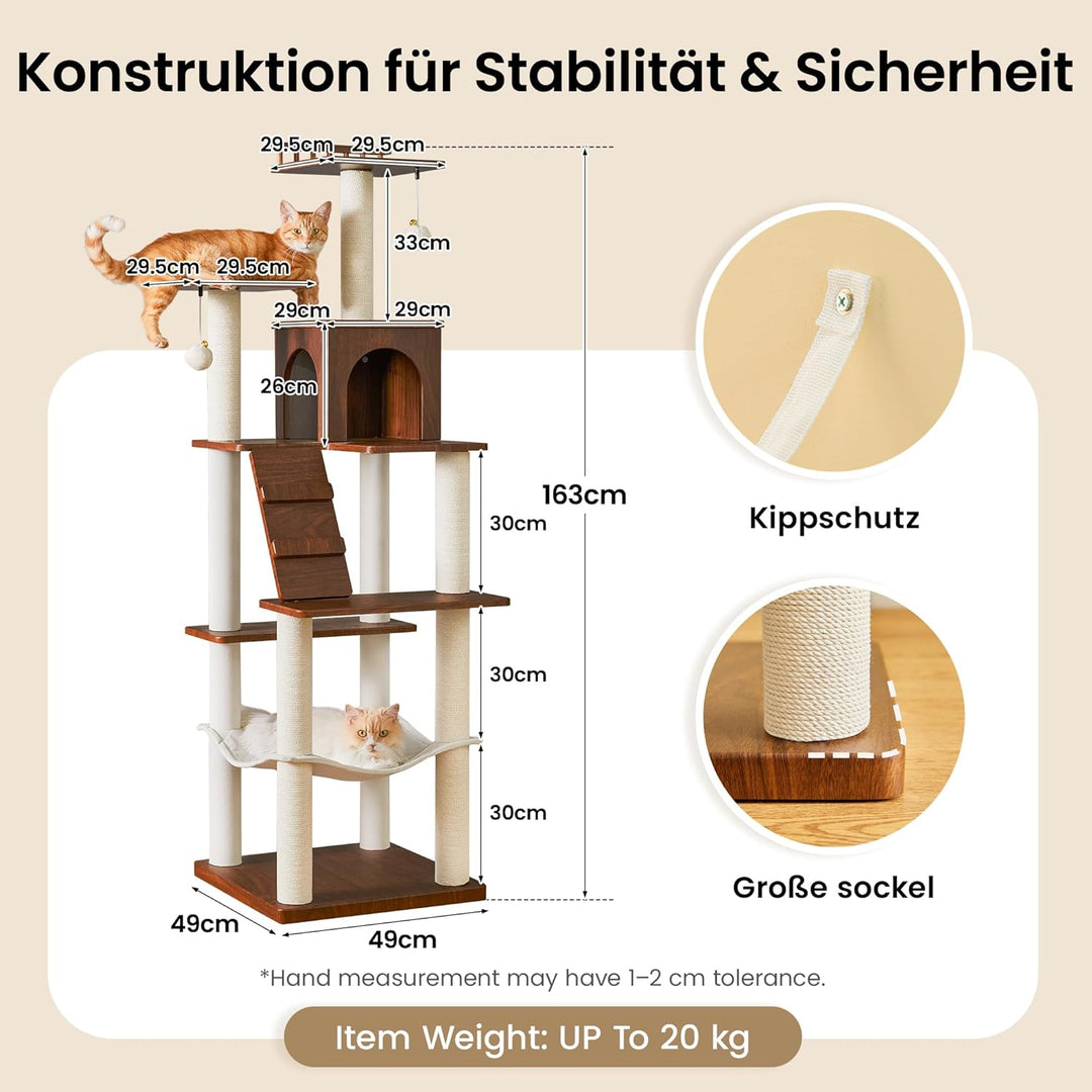 Kratzbaum, 163 cm hoch, moderner Katzenbaum, mehrstöckiges Katzenhaus mit Höhle, 7 Kratzsäulen, 2 Li
