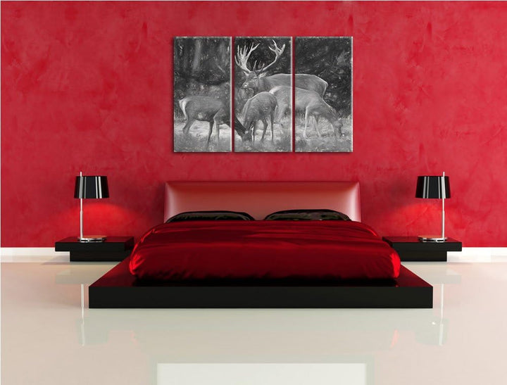 Hirschfamilie auf Waldlichtung NewArt 3-Teiler Leinwandbild 120x80 Bild auf Leinwand, XXL riesige Bi
