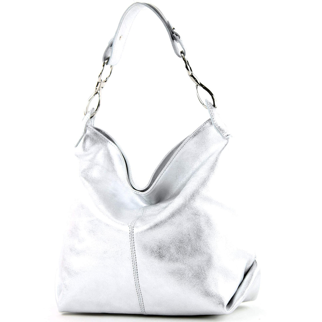 modamoda de T168 Damen Leder Schultertasche, handmade in Italy Silber-metallic, Silber-metallic