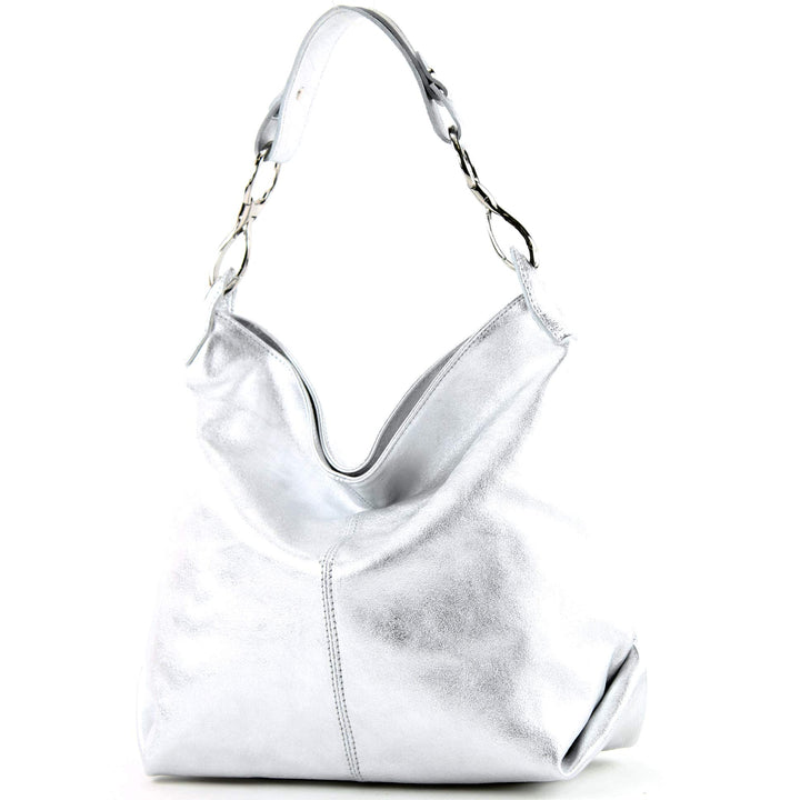 modamoda de T168 Damen Leder Schultertasche, handmade in Italy Silber-metallic, Silber-metallic