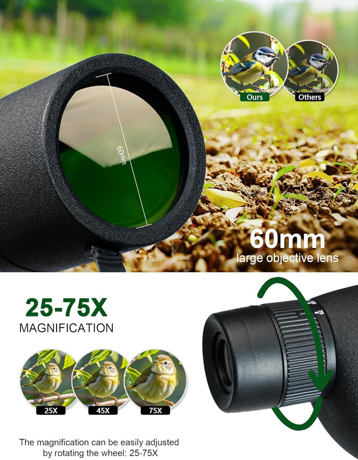 Spektiv Monokular Teleskop Hohe Vergrösserung HD 25-75x60 Variabler Multiplikator Low Light Nachtsic