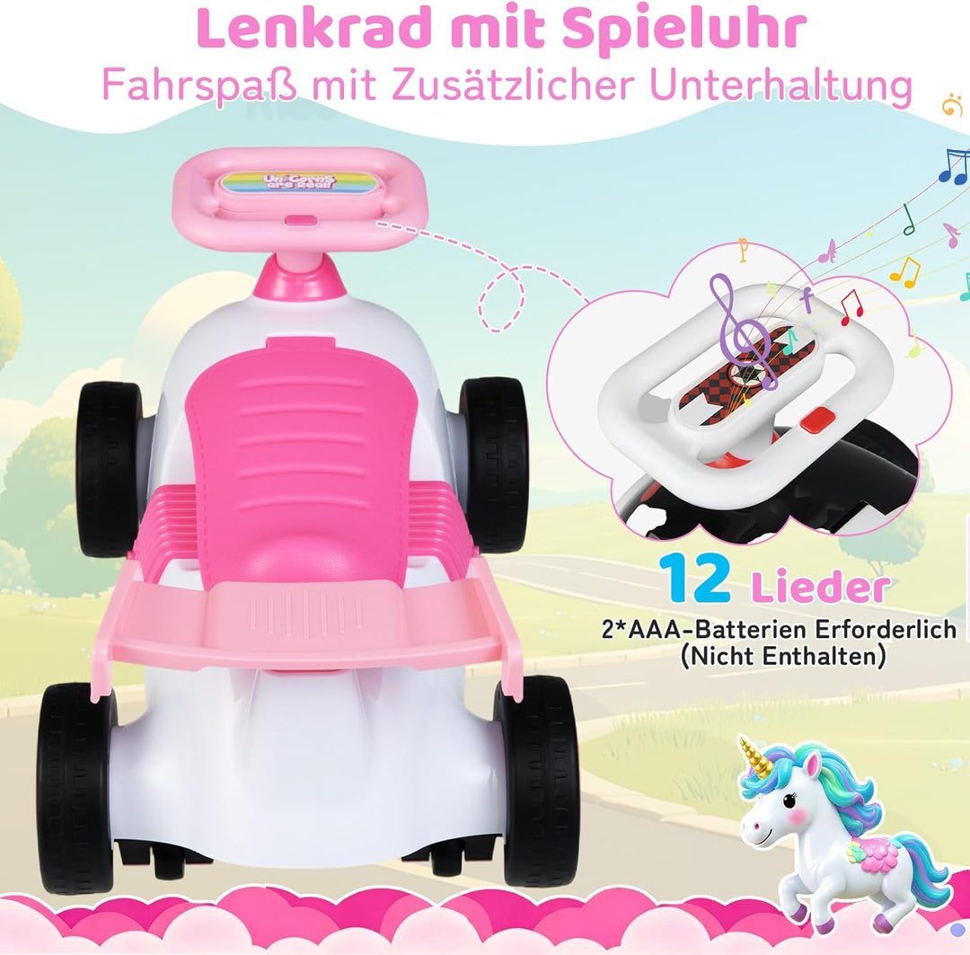 COSTWAY Rutschauto, Rutschfahrzeug im rosa Einhorn-Design, Kinderfahrzeug mit Musik & Stauraum unter