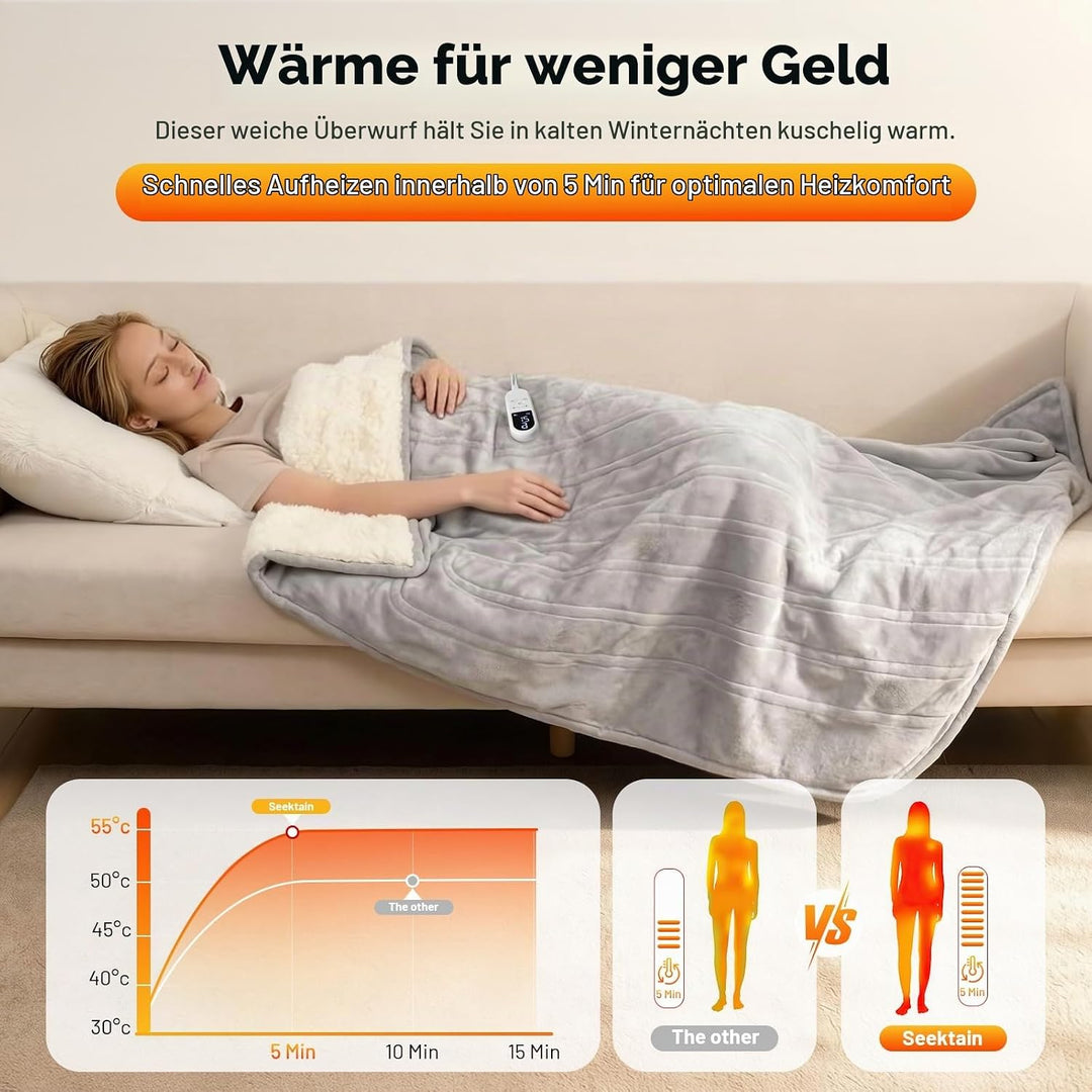 Heizdecke mit Abschaltautomatik 130x180 cm Elektrische Wärmedecke mit 8 Heizstufen bis 55°C &amp; 12 Stu