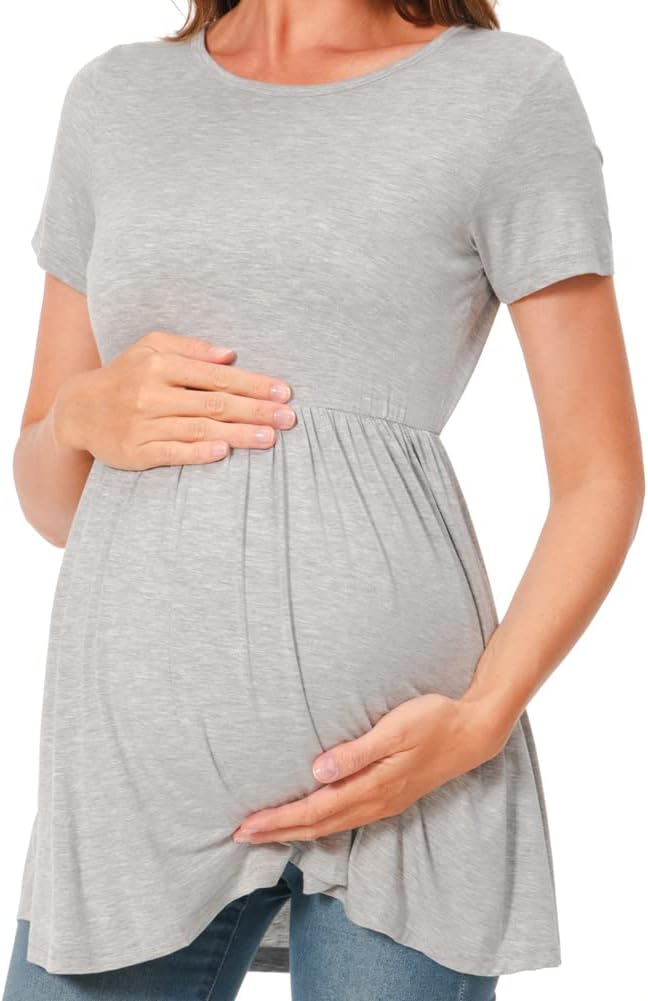 Bearsland Maternity Tops Short Sleeve Scoop Neck Breastfeeding T-Shirt Pregnancy Clothes, M Lake Blu