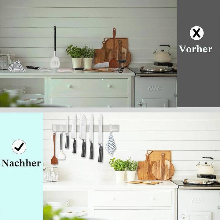 Magnetleiste Messer 40cm - Starker Magnetischer Messerhalter mit 3Haken - Edelstahl Magnetleiste zum