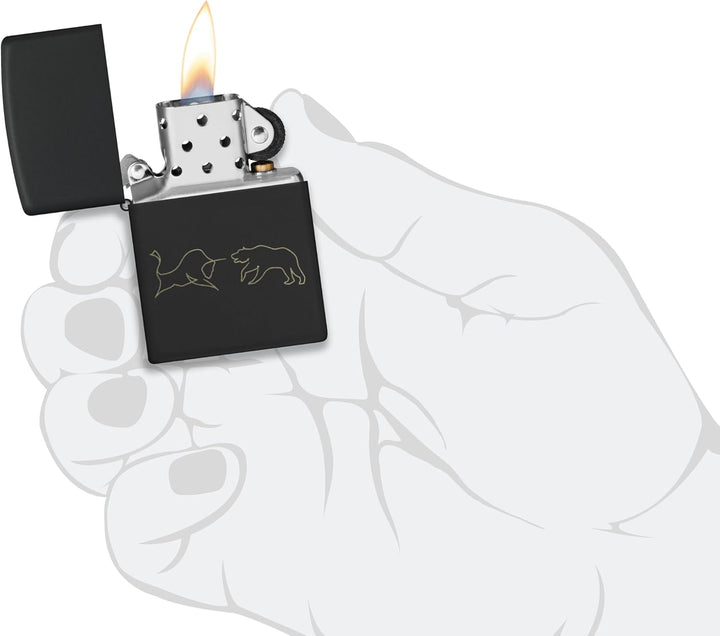 Zippo Sturmfeuerzeug - Bull and Bear, Black Matte, Laser Engrave - Nachfüllbar - Wiederverwendbar -