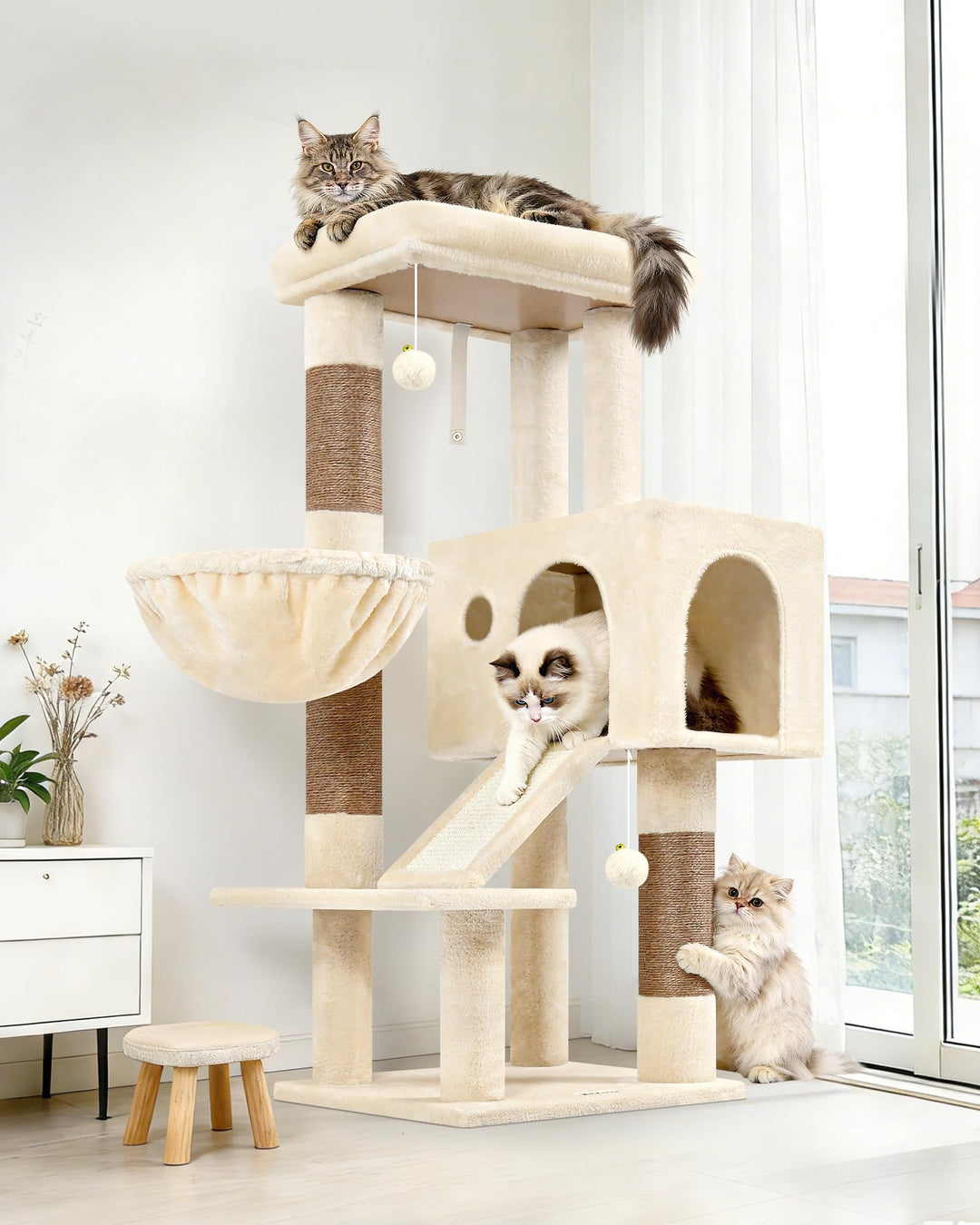 Globlazer Kratzbaum Beige Stabil mit 8 cm Dicker Stämme, Gross Katzenhaus, Gepolsterte Plattform, Ve