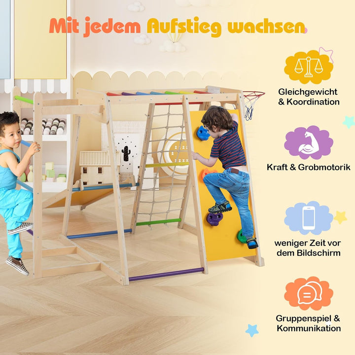 COSTWAY Klettergerüst Indoor, 6 in 1 Kletterleiter & Kletterstrick & Kletterfelsen & Rutsche & Affen