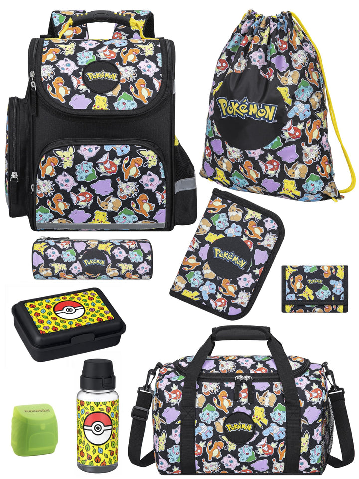Familando - Schulranzen Set - 9-teilig mit Lunch-Set - Pokémon (Pikachu Motiv) - Ergonomisch, stabil