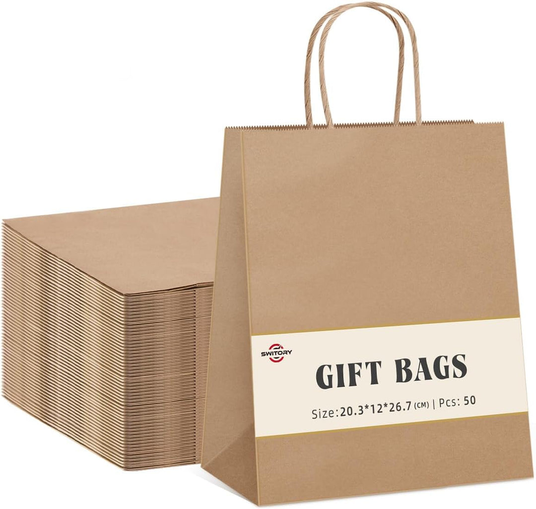 Switory 50 Stk Braun Papiertüten mit Henkel - 20,3 x 12 x 26,7 cm Klein Geschenktüten Papiertragetas