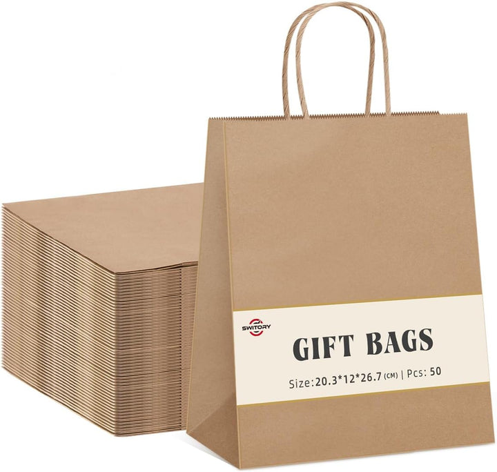 Switory 50 Stk Braun Papiertüten mit Henkel - 20,3 x 12 x 26,7 cm Klein Geschenktüten Papiertragetas