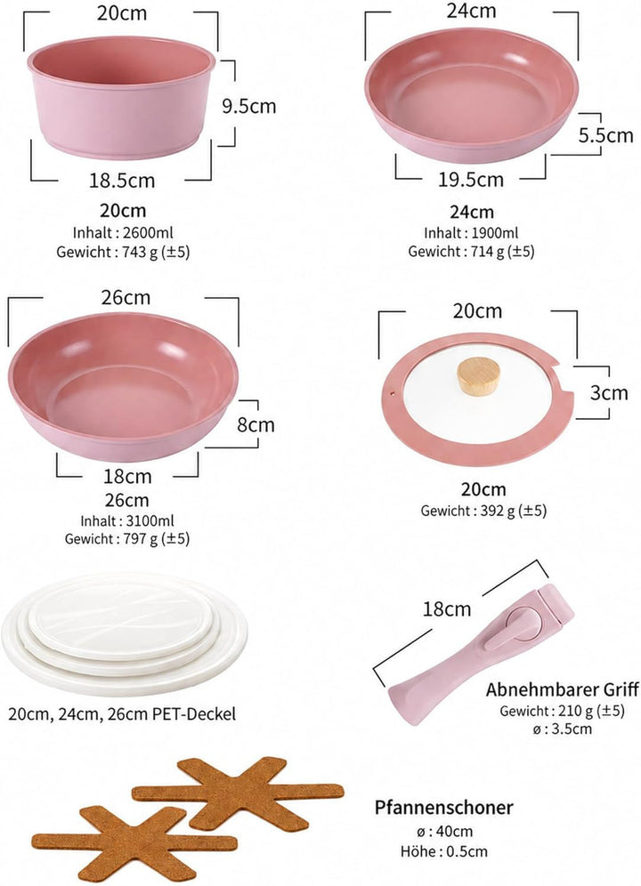 NEOFLAM® - Midas Plus Topf- und Pfannen-Set mit abnehmbarem Griff, 8-teilig, induktionsgeeignet, Ker
