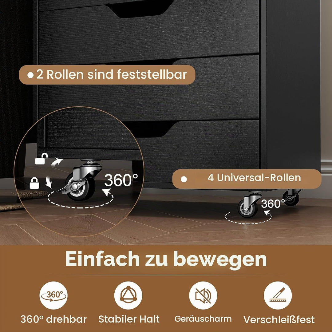 GIANTEX Rollcontainer mit 4 Schubladen &amp; 2 Schränke, Aktenschrank mit Rollen, Schubladenschrank Holz