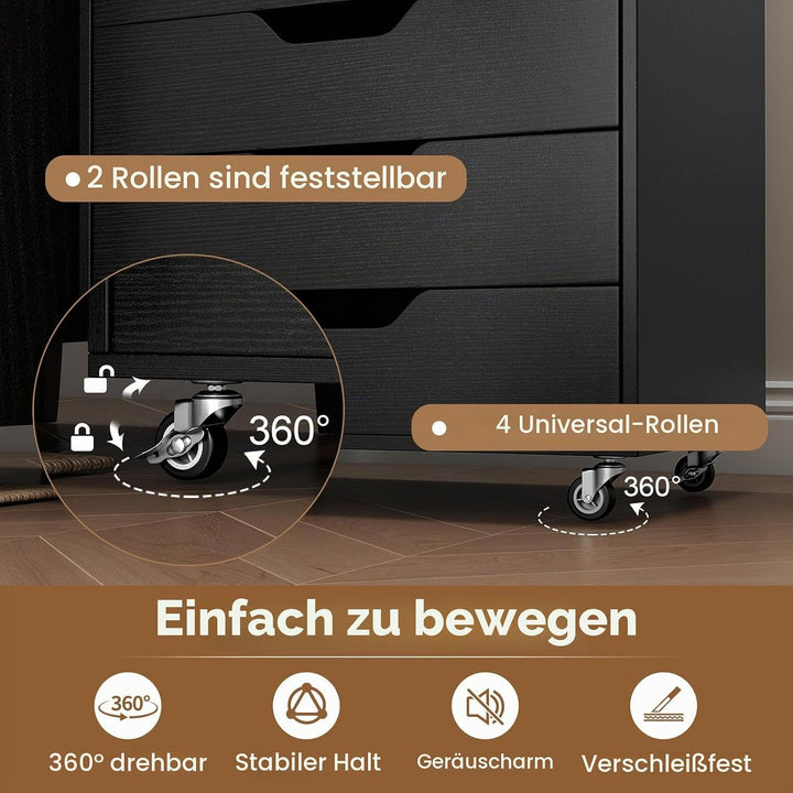 GIANTEX Rollcontainer mit 4 Schubladen &amp; 2 Schränke, Aktenschrank mit Rollen, Schubladenschrank Holz