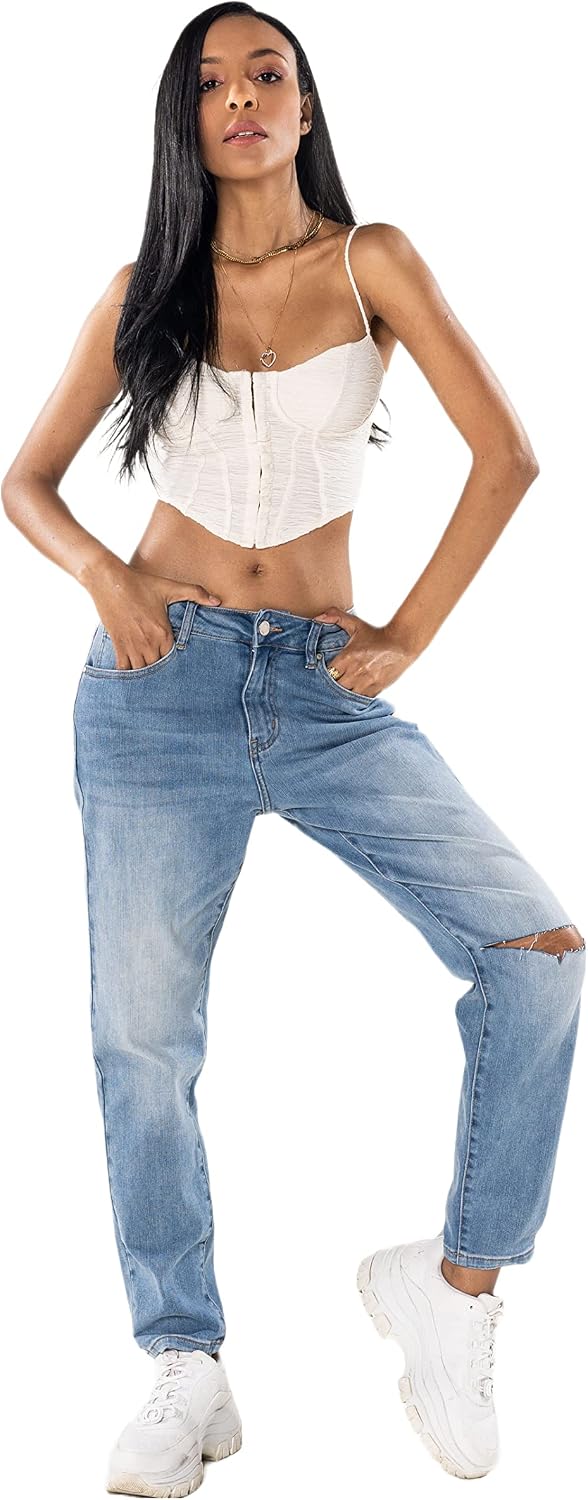 Nina Carter Damen Boyfriend Jeanshosen High Waist MOM Jeans Cutted Knee Used-Look Waschungseffekt XS