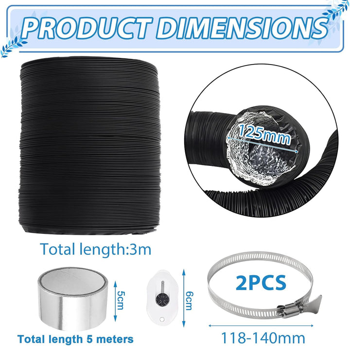 Abluftschlauch 125mm Länge 3m Aluminium Aluflexschlauch Flexibel PVC Alurohr Schlauch mit 2 Schlauch