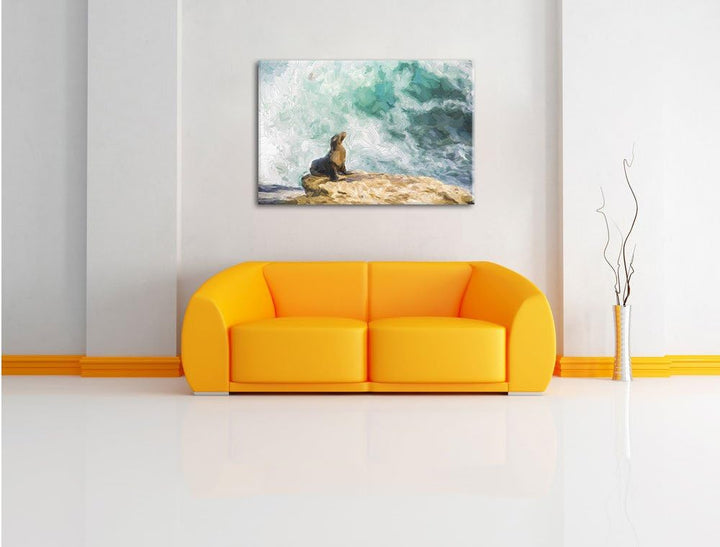 Pixxprint süsse Robbe sonnt Sich Kunst Pinsel Effekt, Format: 100x70 auf Leinwand, 100x70