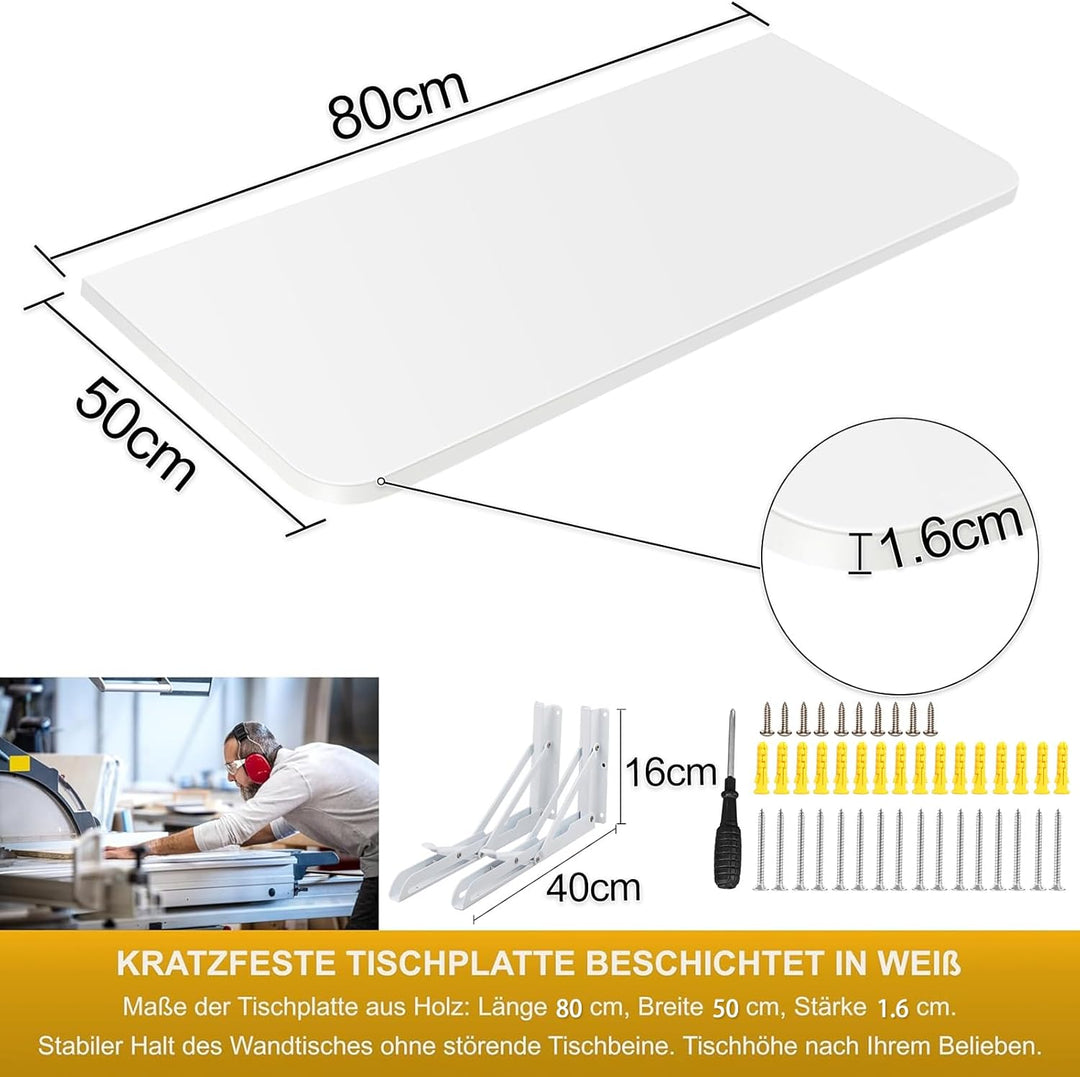 Wandklapptisch, 80x50cm, Weiss, Minimalistischer Schreibtisch für Küche und Büro, Klappbar, Maximale
