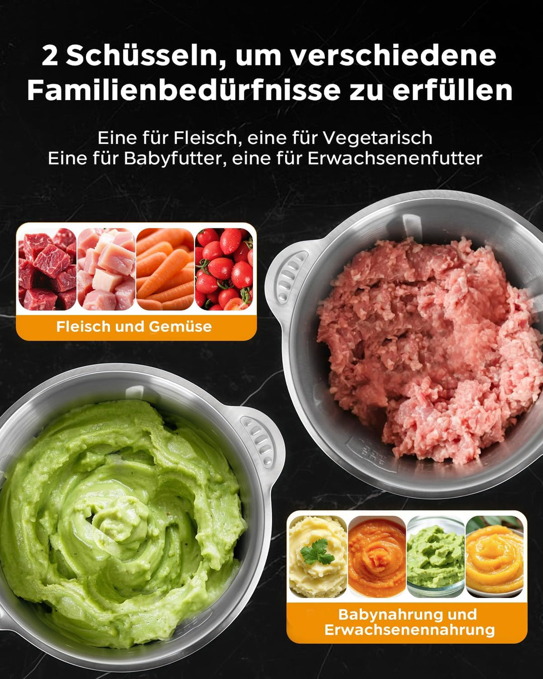 Bear 1.8L+1.8L Zerkleinerer Elektrisch Mini, 500W 2 Geschwindigkeitsstufen, Häcksler mit 4-Edelstahl