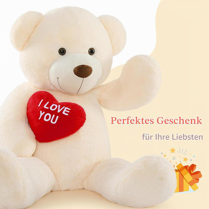 MorisMos 150cm riesen Teddy mit Herz, Beige gross teddybär XXL, kuschelig Plüschbär XXXL, Valentinst