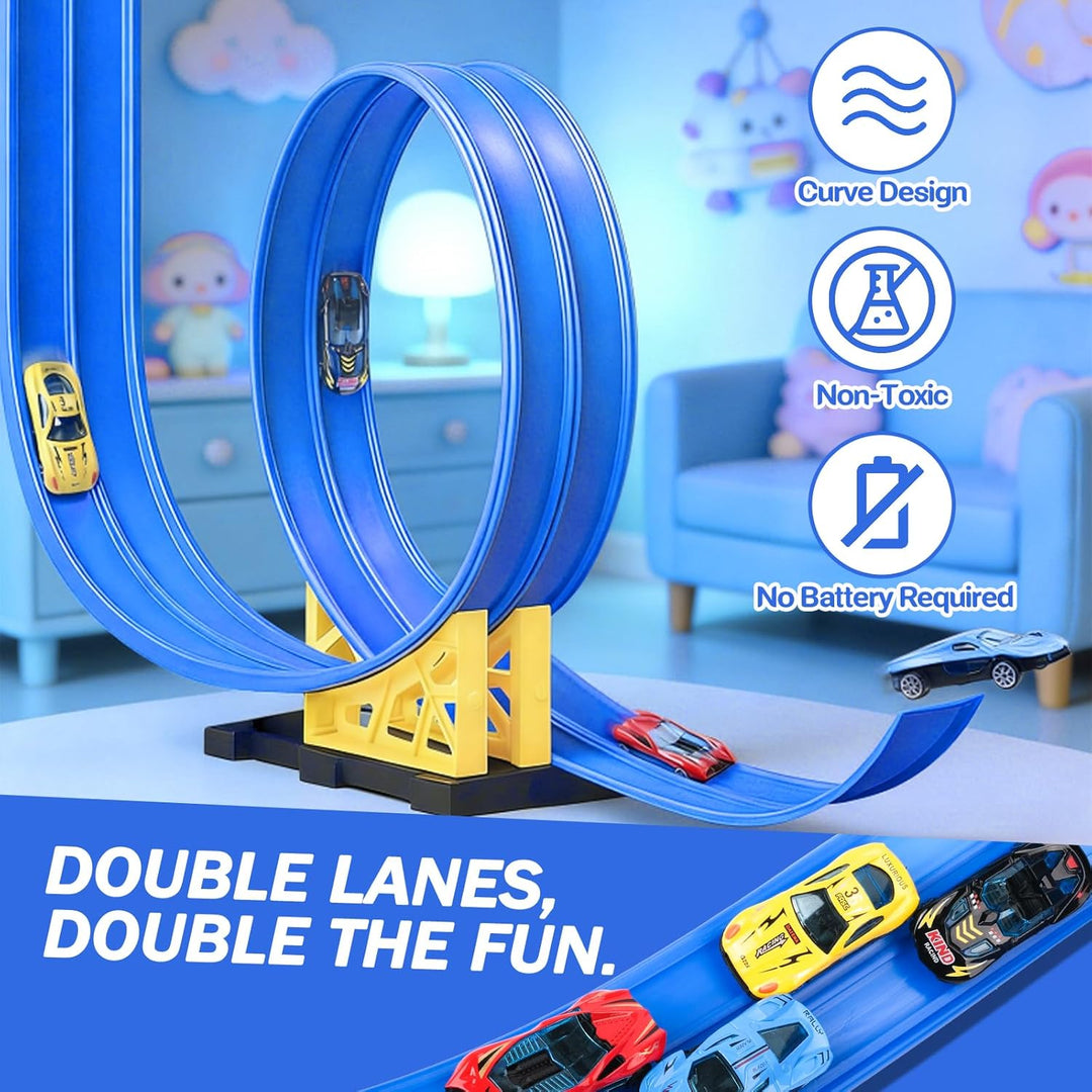 Flexible Autorennbahn Kinder 3 4 5 6 Jahre, 4.5 Meter Rennbahn Rennstrecke Auto Spielzeug mit 4 Spie