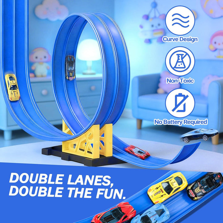 Flexible Autorennbahn Kinder 3 4 5 6 Jahre, 4.5 Meter Rennbahn Rennstrecke Auto Spielzeug mit 4 Spie